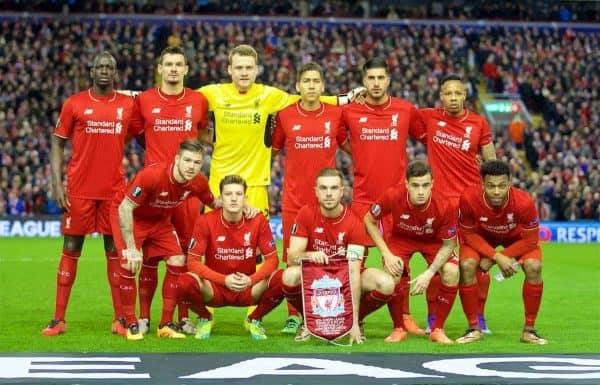 MANCHESTER, ENGLAND - Thursday, March 10, 2016: Liverpool's players line up for a team group photograph before the UEFA Europa League Round of 16 1st Leg match against Manchester United at Anfield. Back row L-R: Mamadou Sakho, Dejan Lovren, goalkeeper Simon Mignolet, Roberto Firmino, Emre Can, Nathaniel Clyne. Front row L-R: Alberto Moreno, Adam Lallana, captain Jordan Henderson, Philippe Coutinho Correia, Daniel Sturridge. (Pic by David Rawcliffe/Propaganda)