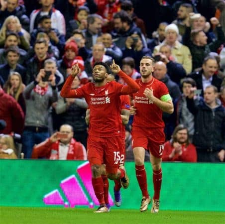 MANCHESTER, ENGLAND - Thursday, March 10, 2016: Liverpool's Daniel Sturridge celebrates scoring the first goal against Manchester United's goalkeeper David de Gea from a penalty kick during the UEFA Europa League Round of 16 1st Leg match at Anfield. (Pic by David Rawcliffe/Propaganda)