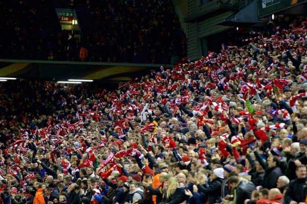 MANCHESTER, ENGLAND - Thursday, March 10, 2016: Liverpool supporters celebrate their side's opening goal against Manchester United during the UEFA Europa League Round of 16 1st Leg match at Anfield. (Pic by David Rawcliffe/Propaganda)