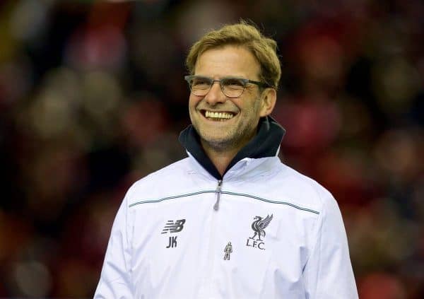 MANCHESTER, ENGLAND - Thursday, March 10, 2016: Liverpool's manager Jürgen Klopp during the UEFA Europa League Round of 16 1st Leg match against Manchester United at Anfield. (Pic by David Rawcliffe/Propaganda)