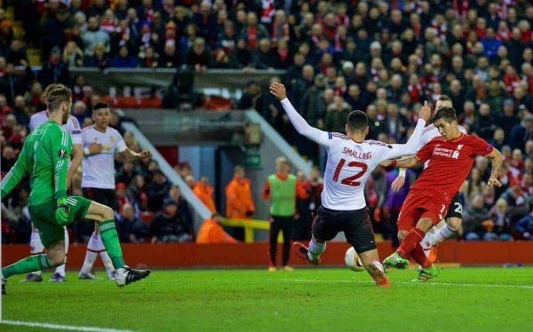 LIVERPOOL, ENGLAND - Thursday, March 10, 2016: Liverpool's Roberto Firmino scores the second goal against Manchester United during the UEFA Europa League Round of 16 1st Leg match at Anfield. (Pic by David Rawcliffe/Propaganda)