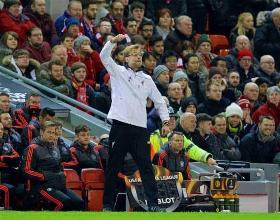 LIVERPOOL, ENGLAND - Thursday, March 10, 2016: Liverpool's manager Jürgen Klopp during the UEFA Europa League Round of 16 1st Leg match against Manchester United at Anfield. (Pic by David Rawcliffe/Propaganda)