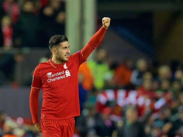 LIVERPOOL, ENGLAND - Thursday, March 10, 2016: Liverpool's Emre Can celebrates after the 2-0 victory over Manchester United during the UEFA Europa League Round of 16 1st Leg match at Anfield. (Pic by David Rawcliffe/Propaganda)