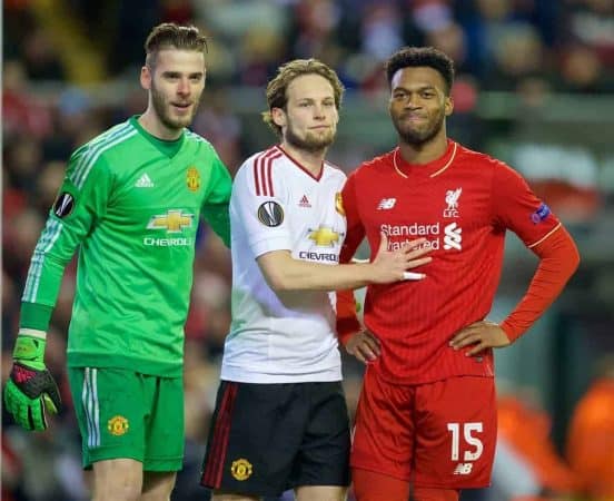 LIVERPOOL, ENGLAND - Thursday, March 10, 2016: Liverpool's Daniel Sturridge and Manchester United's goalkeeper David de Gea and Daley Blind during the UEFA Europa League Round of 16 1st Leg match at Anfield. (Pic by David Rawcliffe/Propaganda)