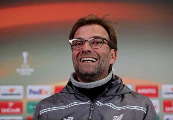 MANCHESTER, ENGLAND - Wednesday, March 16, 2016: Liverpool's manager Jürgen Klopp during a press conference at Old Trafford ahead of the UEFA Europa League Round of 16 2nd Leg match against Manchester United. (Pic by David Rawcliffe/Propaganda)