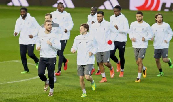 MANCHESTER, ENGLAND - Wednesday, March 16, 2016: Liverpool's captain Jordan Henderson and Adam Lallana during a training session at Old Trafford ahead of the UEFA Europa League Round of 16 2nd Leg match against Manchester United. (Pic by David Rawcliffe/Propaganda)