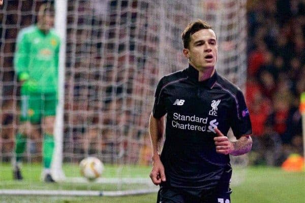 MANCHESTER, ENGLAND - Wednesday, March 16, 2016: Liverpool's Philippe Coutinho Correia celebrates scoring the first goal against Manchester United during the UEFA Europa League Round of 16 2nd Leg match at Old Trafford. (Pic by David Rawcliffe/Propaganda)