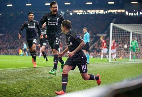 MANCHESTER, ENGLAND - Wednesday, March 16, 2016: Liverpool's Philippe Coutinho Correia celebrates scoring the first goal against Manchester United during the UEFA Europa League Round of 16 2nd Leg match at Old Trafford. (Pic by David Rawcliffe/Propaganda)