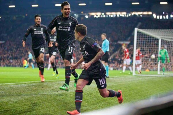 MANCHESTER, ENGLAND - Wednesday, March 16, 2016: Liverpool's Philippe Coutinho Correia celebrates scoring the first goal against Manchester United during the UEFA Europa League Round of 16 2nd Leg match at Old Trafford. (Pic by David Rawcliffe/Propaganda)