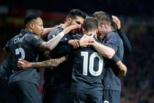 MANCHESTER, ENGLAND - Wednesday, March 16, 2016: Liverpool's Philippe Coutinho Correia celebrates scoring the first goal against Manchester United during the UEFA Europa League Round of 16 2nd Leg match at Old Trafford. (Pic by David Rawcliffe/Propaganda)