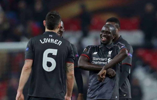 MANCHESTER, ENGLAND - Wednesday, March 16, 2016: Liverpool's Mamadou Sakho celebrates after knocking out Manchester United 3-1 on aggregate (1-1 on the night) during the UEFA Europa League Round of 16 2nd Leg match at Old Trafford. (Pic by David Rawcliffe/Propaganda)