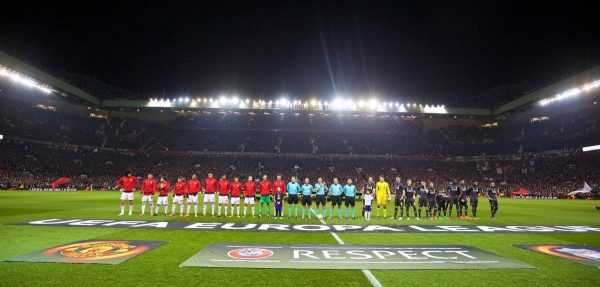 MANCHESTER, ENGLAND - Wednesday, March 16, 2016: Liverpool and Manchester United players before the UEFA Europa League Round of 16 2nd Leg match at Old Trafford. (Pic by David Rawcliffe/Propaganda)