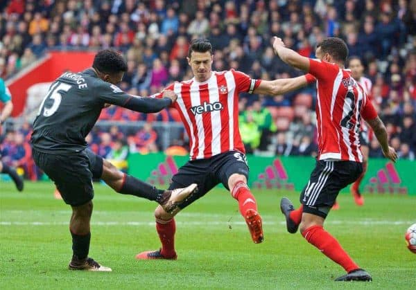 SOUTHAMPTON, ENGLAND - Sunday, March 20, 2016: Liverpool's Daniel Sturridge scores the second goal against Southampton during the FA Premier League match at St Mary's Stadium. (Pic by David Rawcliffe/Propaganda)