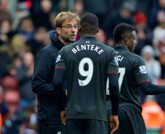 SOUTHAMPTON, ENGLAND - Sunday, March 20, 2016: Liverpool's manager Jürgen Klopp and Christian Benteke after losing 3-2 to Southampton during the FA Premier League match at St Mary's Stadium. (Pic by David Rawcliffe/Propaganda)