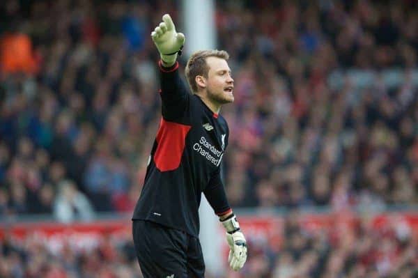 LIVERPOOL, ENGLAND - Saturday, April 2, 2016: Liverpool's goalkeeper Simon Mignolet in action against Tottenham Hotspur during the Premier League match at Anfield. (Pic by David Rawcliffe/Propaganda)