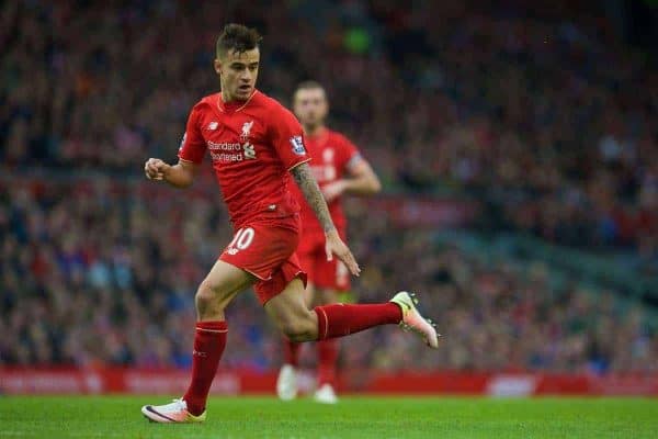 LIVERPOOL, ENGLAND - Saturday, April 2, 2016: Liverpool's Philippe Coutinho Correia in action against Tottenham Hotspur during the Premier League match at Anfield. (Pic by David Rawcliffe/Propaganda)