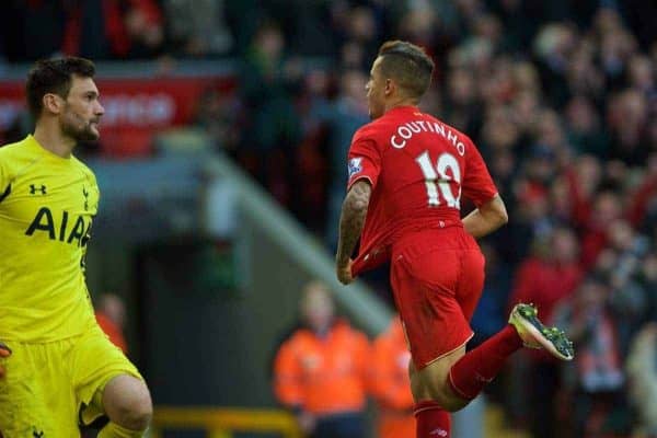 LIVERPOOL, ENGLAND - Saturday, April 2, 2016: Liverpool's Philippe Coutinho Correia celebrates scoring the first goal against Tottenham Hotspur during the Premier League match at Anfield. (Pic by David Rawcliffe/Propaganda)