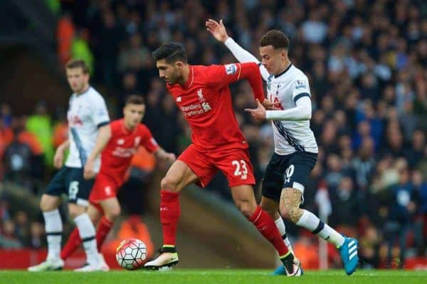 LIVERPOOL, ENGLAND - Saturday, April 2, 2016: Liverpool's Emre Can in action against Tottenham Hotspur's Dele Alli during the Premier League match at Anfield. (Pic by David Rawcliffe/Propaganda)