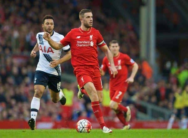 LIVERPOOL, ENGLAND - Saturday, April 2, 2016: Liverpool's captain Jordan Henderson in action against Tottenham Hotspur during the Premier League match at Anfield. (Pic by David Rawcliffe/Propaganda)