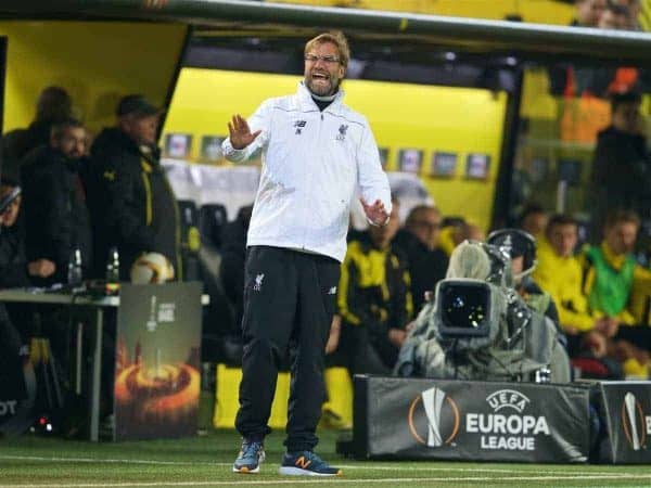 DORTMUND, GERMANY - Thursday, April 7, 2016: Liverpool's manager Jürgen Klopp during the UEFA Europa League Quarter-Final 1st Leg match against Borussia Dortmund at Westfalenstadion. (Pic by David Rawcliffe/Propaganda)