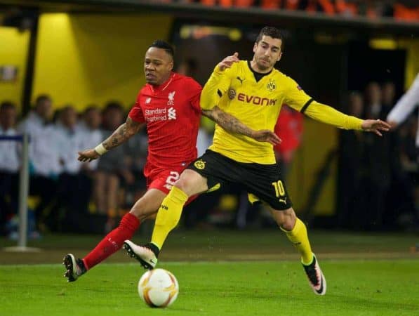 DORTMUND, GERMANY - Thursday, April 7, 2016: Liverpool's Nathaniel Clyne in action against Borussia Dortmund's Henrik Mkhitaryan during the UEFA Europa League Quarter-Final 1st Leg match at Westfalenstadion. (Pic by David Rawcliffe/Propaganda)