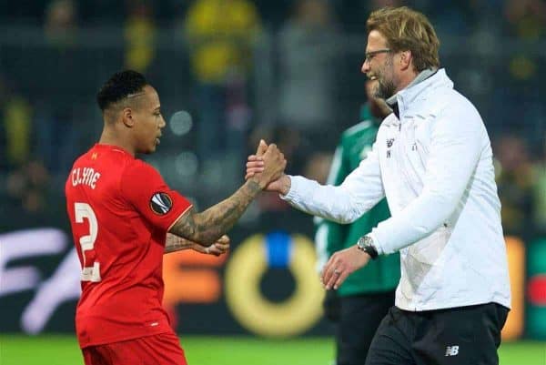 DORTMUND, GERMANY - Thursday, April 7, 2016: Liverpool's manager Jürgen Klopp and Nathaniel Clyne after the 1-1 draw against Borussia Dortmund during the UEFA Europa League Quarter-Final 1st Leg match at Westfalenstadion. (Pic by David Rawcliffe/Propaganda)