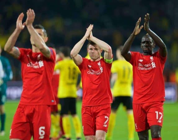 DORTMUND, GERMANY - Thursday, April 7, 2016: Liverpool's James Milner and Mamadou Sakho after the 1-1 draw against Borussia Dortmund during the UEFA Europa League Quarter-Final 1st Leg match at Westfalenstadion. (Pic by David Rawcliffe/Propaganda)