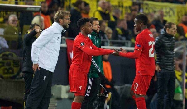 DORTMUND, GERMANY - Thursday, April 7, 2016: Liverpool's Divock Origi is replaced by substitute Daniel Sturridge against Borussia Dortmund during the UEFA Europa League Quarter-Final 1st Leg match at Westfalenstadion. (Pic by David Rawcliffe/Propaganda)