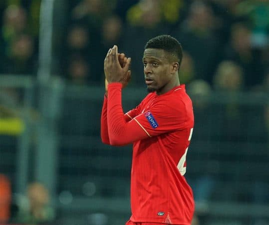 DORTMUND, GERMANY - Thursday, April 7, 2016: Liverpool's goal-scorer Divock Origi applauds the supporters as he is substituted against Borussia Dortmund during the UEFA Europa League Quarter-Final 1st Leg match at Westfalenstadion. (Pic by David Rawcliffe/Propaganda)