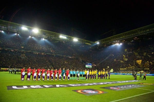 DORTMUND, GERMANY - Thursday, April 7, 2016: Liverpool and Borussia Dortmund players line-up before the UEFA Europa League Quarter-Final 1st Leg match at Westfalenstadion. (Pic by David Rawcliffe/Propaganda)