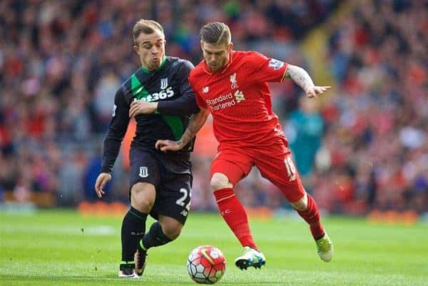 LIVERPOOL, ENGLAND - Sunday, April 10, 2016: Liverpool's Alberto Moreno in action against Stoke City's Xherdan Shaqiri during the Premier League match at Anfield. (Pic by David Rawcliffe/Propaganda)