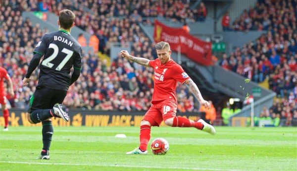 LIVERPOOL, ENGLAND - Sunday, April 10, 2016: Liverpool's Alberto Moreno scores the first goal against Stoke City during the Premier League match at Anfield. (Pic by David Rawcliffe/Propaganda)