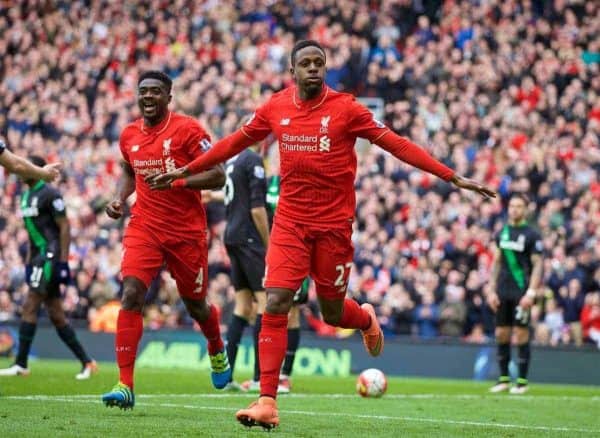 LIVERPOOL, ENGLAND - Sunday, April 10, 2016: Liverpool's Divock Origi celebrates scoring the third goal against Stoke City during the Premier League match at Anfield. (Pic by David Rawcliffe/Propaganda)