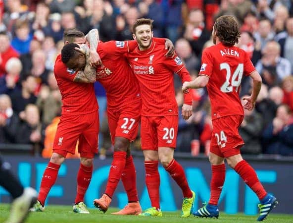 LIVERPOOL, ENGLAND - Sunday, April 10, 2016: Liverpool's Divock Origi scores the fourth goal against Stoke City during the Premier League match at Anfield. (Pic by David Rawcliffe/Propaganda)