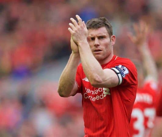 LIVERPOOL, ENGLAND - Sunday, April 10, 2016: Liverpool's James Milner applauds the supporters after the 4-1 victory over Stoke City during the Premier League match at Anfield. (Pic by David Rawcliffe/Propaganda)