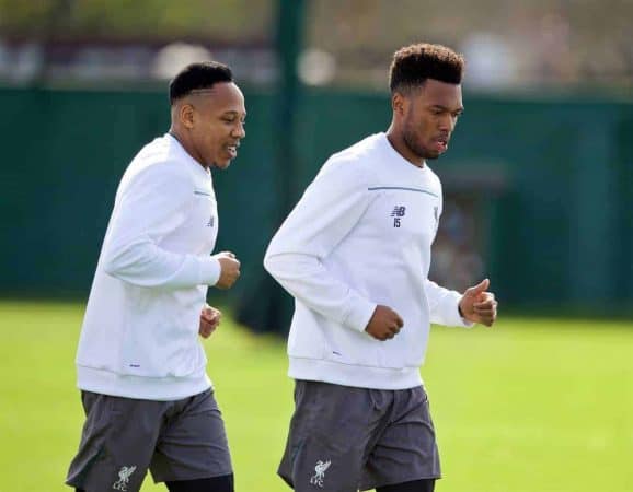 LIVERPOOL, ENGLAND - Wednesday, April 13, 2016: Liverpool's Daniel Sturridge and Nathaniel Clyne during a training session at Melwood Training Ground ahead of the UEFA Europa League Quarter-Final 2nd Leg match against Borussia Dortmund. (Pic by David Rawcliffe/Propaganda)