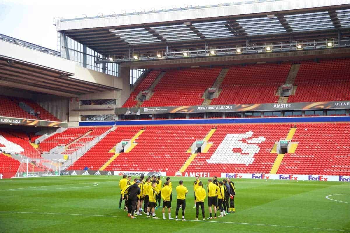 LIVERPOOL, ENGLAND - Wednesday, April 13, 2016: Borussia Dortmund players during a training session at Anfield ahead of the UEFA Europa League Quarter-Final 2nd Leg match against Liverpool. (Pic by David Rawcliffe/Propaganda)