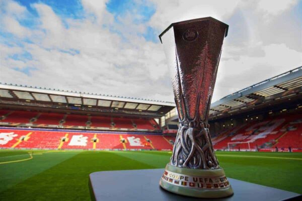 LIVERPOOL, ENGLAND - Thursday, April 14, 2016: The UEFA Cup trophy arrives at Anfield ahead of the UEFA Europa League Quarter-Final 2nd Leg match between Liverpool and Borussia Dortmund at Anfield. (Pic by David Rawcliffe/Propaganda)