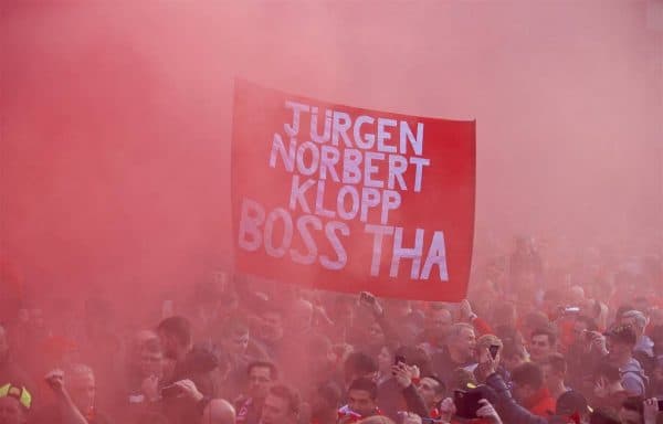 LIVERPOOL, ENGLAND - Thursday, April 14, 2016: Liverpool supporters' banner "Jurgen Norbert Klopp Boss Tha" as the fans welcome the Liverpool team coach to Anfield before the UEFA Europa League Quarter-Final 2nd Leg match against Borussia Dortmund. (Pic by David Rawcliffe/Propaganda)