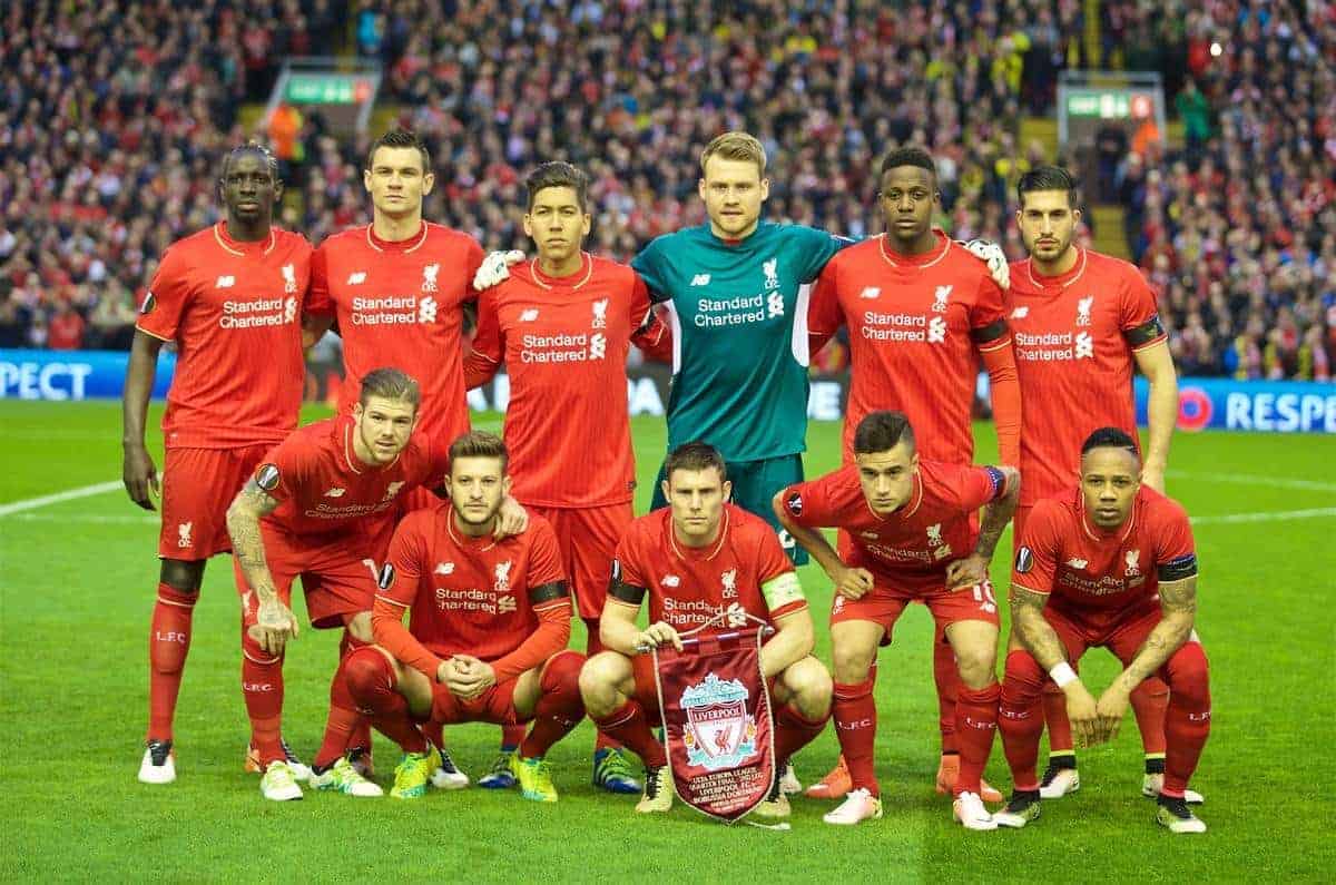LIVERPOOL, ENGLAND - Thursday, April 14, 2016: Liverpool's players line up for a team group photograph before the UEFA Europa League Quarter-Final 2nd Leg match against Borussia Dortmund at Anfield. (Pic by David Rawcliffe/Propaganda)