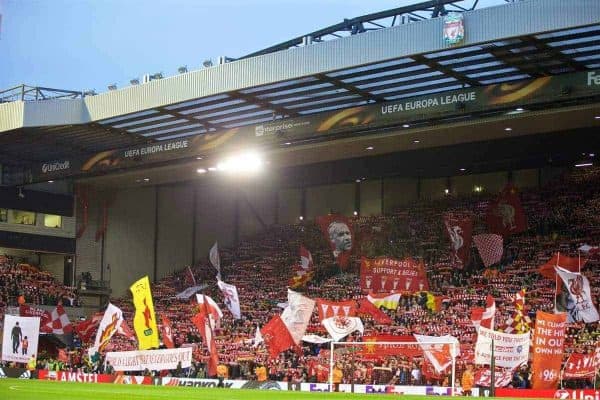 LIVERPOOL, ENGLAND - Thursday, April 14, 2016: Liverpool supporters on the Spion Kop before the UEFA Europa League Quarter-Final 2nd Leg match against Borussia Dortmund at Anfield. (Pic by David Rawcliffe/Propaganda)