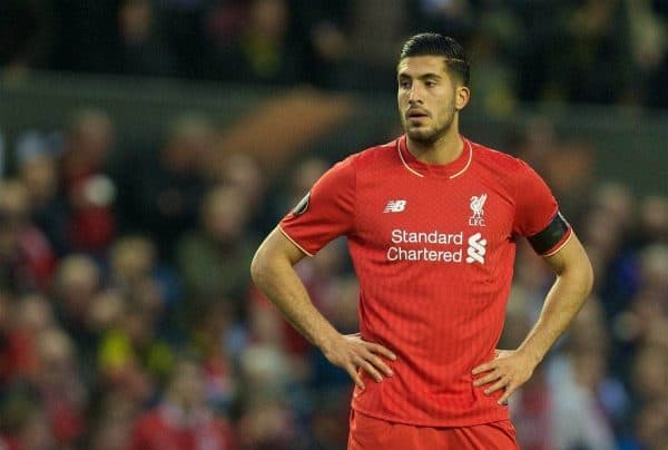 LIVERPOOL, ENGLAND - Thursday, April 14, 2016: Liverpool's Emre Can looks dejected as Borussia Dortmund score the second goal during the UEFA Europa League Quarter-Final 2nd Leg match at Anfield. (Pic by David Rawcliffe/Propaganda)