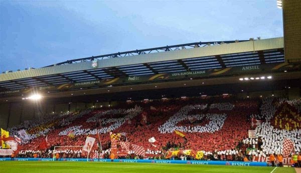 LIVERPOOL, ENGLAND - Thursday, April 14, 2016: Liverpool supporters on the Spion Kop form a mosaic "96", in memory of the 96 victims of the Hillsborough Disaster, before the UEFA Europa League Quarter-Final 2nd Leg match against Borussia Dortmund at Anfield. (Pic by David Rawcliffe/Propaganda)