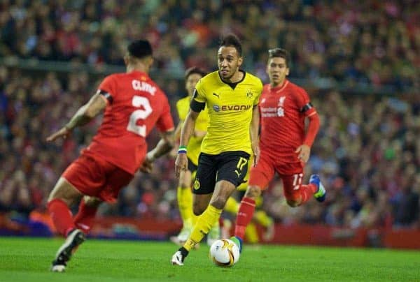 LIVERPOOL, ENGLAND - Thursday, April 14, 2016: Borussia Dortmund's Pierre-Emerick Aubameyang in action against Liverpool during the UEFA Europa League Quarter-Final 2nd Leg match at Anfield. (Pic by David Rawcliffe/Propaganda)