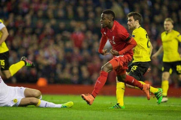 LIVERPOOL, ENGLAND - Thursday, April 14, 2016: Liverpool's Divock Origi scores the first goal against Borussia Dortmund during the UEFA Europa League Quarter-Final 2nd Leg match at Anfield. (Pic by David Rawcliffe/Propaganda)