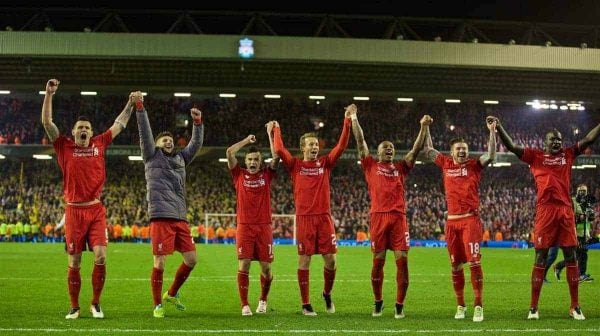 LIVERPOOL, ENGLAND - Thursday, April 14, 2016: Liverpool players celebrate the incredible 4-3 (5-4 aggregate) victory over Borussia Dortmund during the UEFA Europa League Quarter-Final 2nd Leg match at Anfield. Dejan Lovren, Adam Lallana, Philippe Coutinho Correia, Lucas Leiva, Nathaniel Clyne, Alberto Moreno, Mamadou Sakho. (Pic by David Rawcliffe/Propaganda)