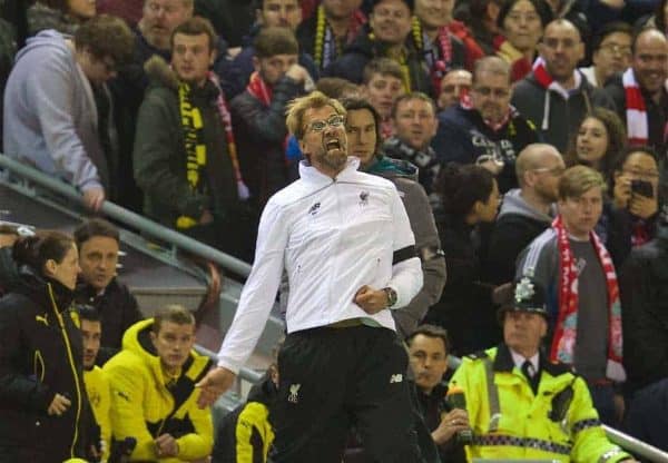 LIVERPOOL, ENGLAND - Thursday, April 14, 2016: Liverpool's manager J¸rgen Klopp urges the supporters on against Borussia Dortmund during the UEFA Europa League Quarter-Final 2nd Leg match at Anfield. (Pic by David Rawcliffe/Propaganda)