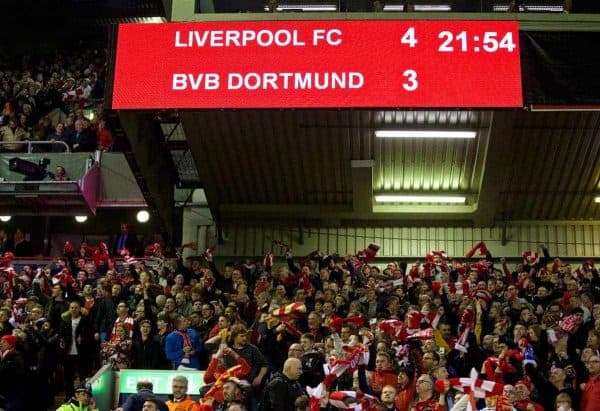 LIVERPOOL, ENGLAND - Thursday, April 14, 2016: Liverpool supporters celebrate a dramatic injury time winning fourth goal to seal a 4-3 (5-4 aggregate) victory over Borussia Dortmund during the UEFA Europa League Quarter-Final 2nd Leg match at Anfield. (Pic by David Rawcliffe/Propaganda)