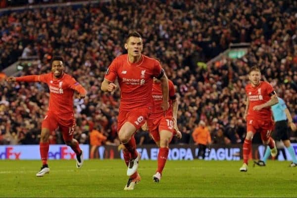 LIVERPOOL, ENGLAND - Thursday, April 14, 2016: Liverpool's Dejan Lovren celebrates scoring the dramatic fourth goal against Borussia Dortmund in injury time to seal a 4-3 (5-4 aggregate) victory during the UEFA Europa League Quarter-Final 2nd Leg match at Anfield. (Pic by David Rawcliffe/Propaganda)