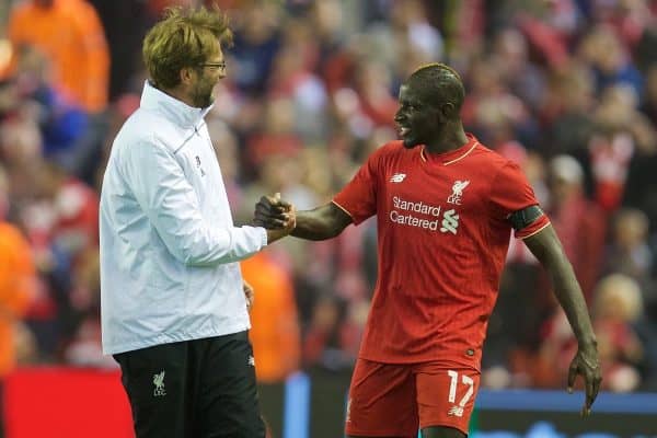 LIVERPOOL, ENGLAND - Thursday, April 14, 2016: Liverpool's manager Jürgen Klopp celebrates with Mamadou Sakho after the dramatic 4-3 (5-4 aggregate) victory over Borussia Dortmund during the UEFA Europa League Quarter-Final 2nd Leg match at Anfield. (Pic by David Rawcliffe/Propaganda)